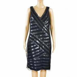 Tadashi Shoji Navy Midnight Blue Mesh Overlay Sequin Stripe Cocktail Midi Dress